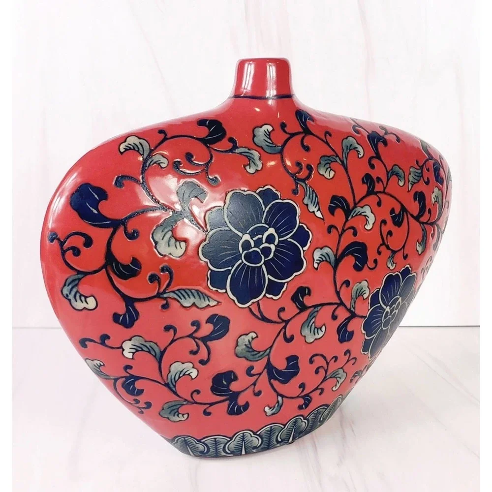VINTAGE Lopsided Navy,  Gray & Red Floral Abstract Slim Ceramic Vase